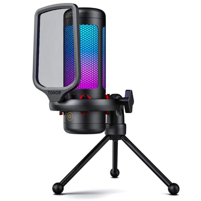 TONOR Gaming Microphone Set, PC Condenser Mic with RGB for Gamers | Desktop Stand Set, Quick Mute, Volume Control, for Twitch Streaming, Discord Chatting, 200 cm/78'' Cable, Black, TC310 - style: RGB Mic with Desktop Stand