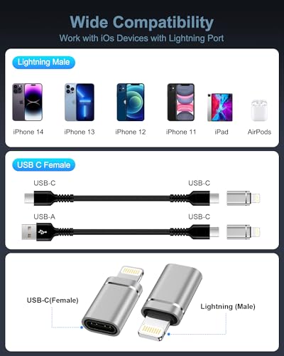 USB C to Lightning Adapter, USBC Female to Lightning Male Adapter Connecter | 4Pack Lightning to USBC Adapter for iPhone 14/13/12/11, Apple Lightening Fast Charging Data Sync Connecter, Not for Audio/OTG - color: Silver