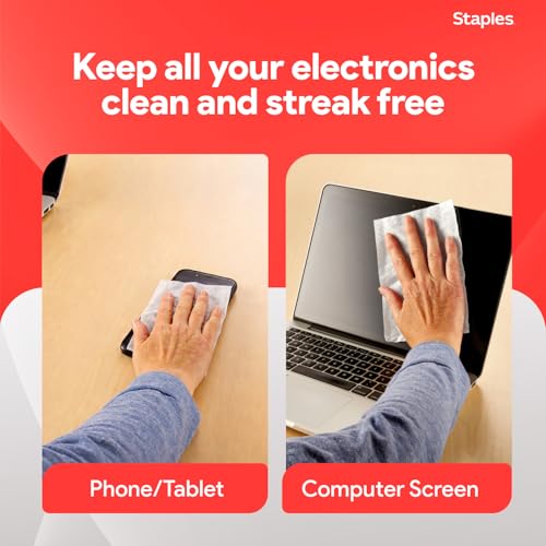 Staples Screen Cleaning Wipes – 100‑Count Tub for Monitors, Laptops, Phones & Electronics | Safe for monitors, laptops, and phones. Removes dust, smudges, and grime. - size: 100 Count (Pack of 1)