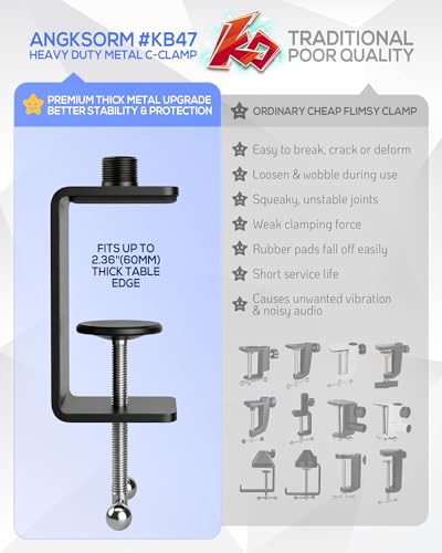 KB47 Table Microphone Clamp Mount, 5/8-27 Male and 3/8-16 Female Threads | Heavy-Duty 1-Pack Desk Mic Stand Base for Boom Arms and Goosenecks, Fits Thick Desks up to 2.36 in, Includes 2 Thread Adapter - color: C-CLAMP MOUNT (1PCS)