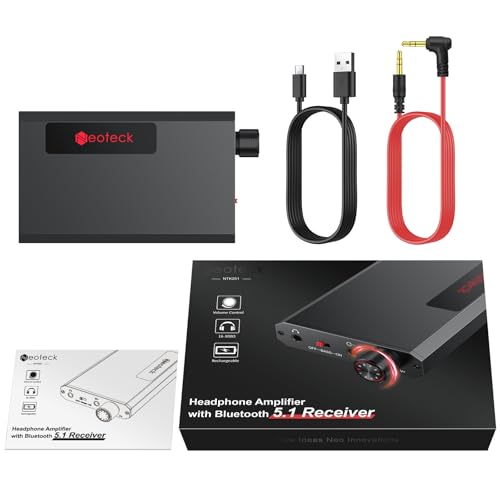 Neoteck Portable 3.5mm Headphone Amplifier with Bluetooth 5.0 Receiver | Two-Stage Gain Switch, 16-300 Ohm HiFi Earphone Amp, Aluminum Matte Surface