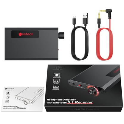 Neoteck Portable 3.5mm Headphone Amplifier with Bluetooth 5.0 Receiver | Two-Stage Gain Switch, 16-300 Ohm HiFi Earphone Amp, Aluminum Matte Surface