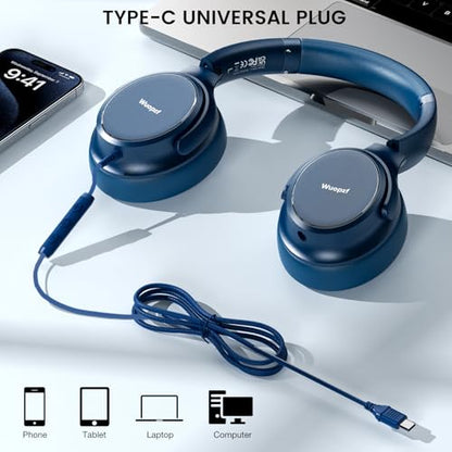 USB C Wired Over-Ear Headphones with Microphone | Volume Control, Share Port, Adjustable Headband Foldable Stereo Headset for Adult/Teens for iPhone 16, Laptop, Gaming, Travel - color: New Blue