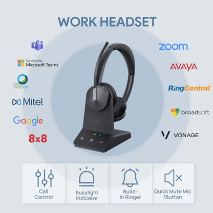 Yealink WH64 듀얼 UC DECT 블루투스 무선 헤드셋 휴대폰 PC 휴대폰용 | Zoom 인증 스테레오 헤드폰, 184.7m(600피트) 장거리, 3X 노이즈 캔슬링 마이크, 32시간 통화 시간, 사무실 콜 센터용 음소거 버튼 - style: WH64 듀얼 이어 UC