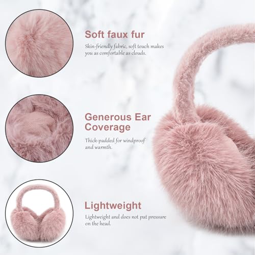 Earmuffs for Women Girls Faux Fur Fuzzy Headband Foldable Ear Covers Cold Weather Accessory - color: Pink