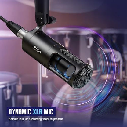 FIFINE Audio Equipment Bundle for Gaming Podcast, Streaming RGB Mixer Set with XLR Dynamic Vocal Microphone, Voice Recording Kit Set with Volume Fader, Individual Control, Mute, Monitoring-KS3