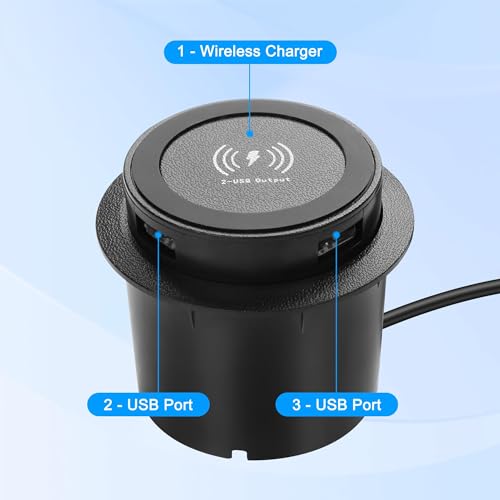 XMSJSIY Desktop Embedded Wireless Charger 3-in-1 Multifunctional Pop-Up 10W Fast Charging Wireless Charger USB Desktop Charger Dual USB Charging for Smartphone for Bedside Table, Desks, Furniture