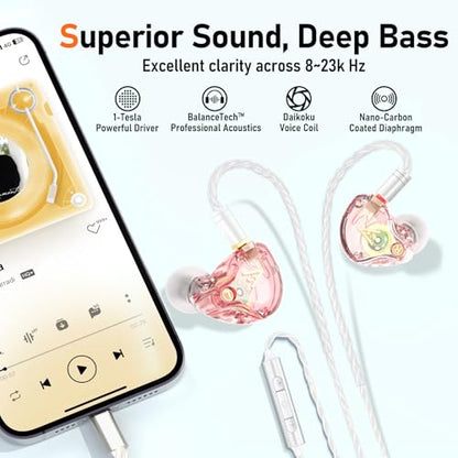 Audiovance Vibes 202ML HiFi 유선 이어버드, 아이폰 14/13/12/11/X, 프로 맥스용 | 마이크가 있는 인이어 헤드폰, 선명한 사운드, 딥 베이스, 소음 차단 이어버드, 실버 도금 코드, 편안한 핏, 케이스 - color: 4-핑크