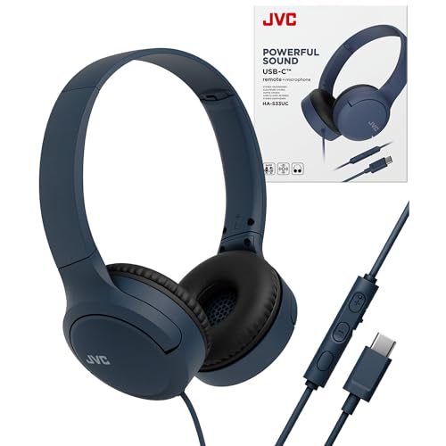 JVC USB-C Wired On-Ear Headphones with Mic – Comfortable All-Day Wear, Clear Calls, Rich Sound – Foldable & Lightweight – Tangle-Free Single-Sided Cable – Great for Gaming & Work from Home - color: Blue