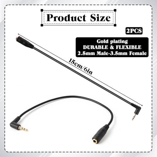 2 Pcs 2.5mm Male to 3.5mm Female Adapter Gold Plated 2.5mm Male to 3.5mm Female Stereo Audio Jack Adapter Cable 90 Degree Right Angle Connector 6 inch Cord for Radios, Headphones, Recorder, Camera