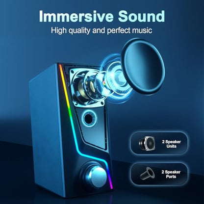 Nylavee Computer Speakers with Subwoofer, 2.1 Hi-Fi PC Speakers System with 6 Lighting Modes, Enhanced Bass, Plug and Play, USB/USB-C Powered and 3.5mm Aux in for Desktop, Monitor, Laptop, Tablet