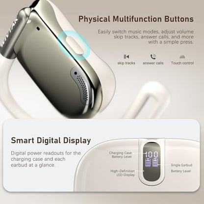 Wireless Earbuds, Open-Ear Sports Bluetooth Headphones, Acoustic Chamber Audio, ANC Call Noise Reduction, Smart Digital Display, Physical Buttons, IPX5 Water Resistant, for Cycling Workouts - color: White