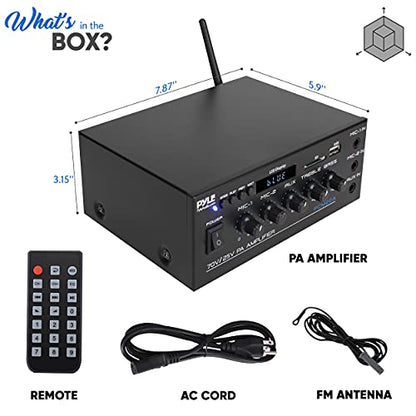 Pyle Compact Mini Home Power Amplifier - 40W Smart Small Audio Stereo Receiver w/AUX, 2 Microphone in, COM/8-Ohm/25V/70V Speakers, LED, Input Selector, for PA, Amplified Speaker Sound System PCM20A.5 | COM/8-Ohm/25V/70V Connect, LED Display - PCM20A.5 - s