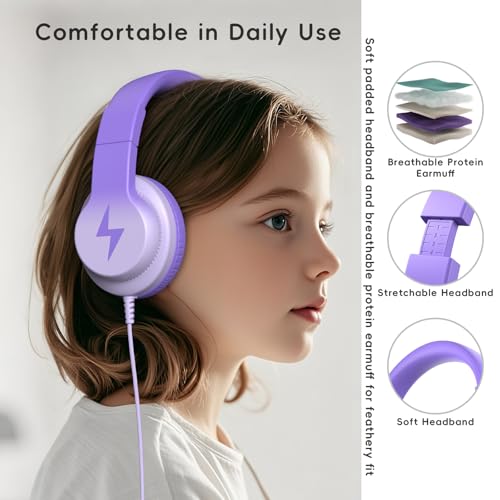 Candy Bila Wired Kids Headphones for School, Over-Ear for Boys Girls | Volume Limiter 85/94dB, HD Stereo Sound, Microphone and Wired Control, Foldable Design, Gradient Deep Purple - color: Gradient Deep Purple