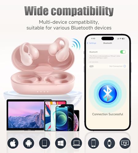 King Lucky i21 Open Ear Clip On Earbuds Wireless Bluetooth Ear Clip Headphones with Mic,Noise Cancelling, Waterproof IPX4,for Small Ears,Perfect for Running,Sports,Glasses Wearers (Pink) - color: Pink