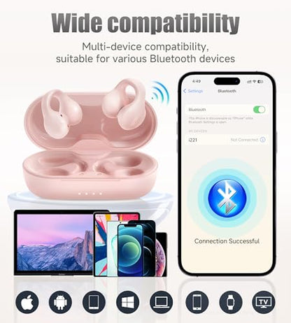 King Lucky i21 Open Ear Clip On Earbuds Wireless Bluetooth Ear Clip Headphones with Mic,Noise Cancelling, Waterproof IPX4,for Small Ears,Perfect for Running,Sports,Glasses Wearers (Pink) - color: Pink