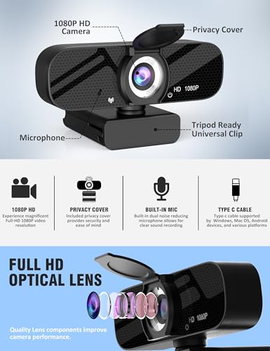 Tewiky Full HD Webcam with Built-in Microphone and Rotatable Tripod, 1080P Video and Wide Angle Camera, Privacy Cover, for Desktop PC or Laptop Computer - style: 1080P Webcam with Type-C Cable