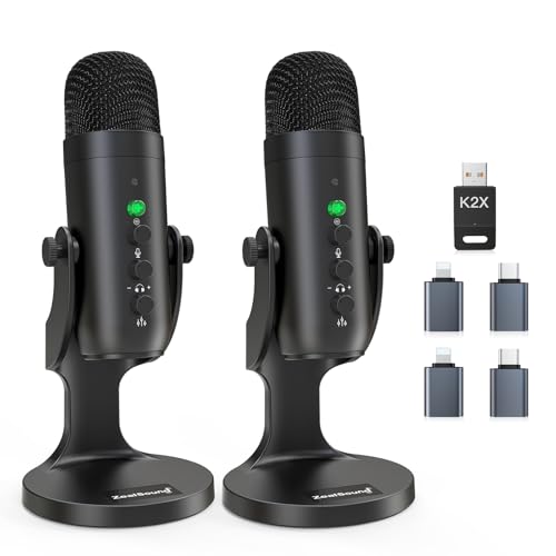 ZealSound Wireless Podcast Microphone for PC & iPhone, Dual Desktop Mics with Noise Reduction, Tap-to-Mute, Gain & Echo Controls, Zero-Latency Monitoring for Podcasting & Streaming YouTube TikTok - color: Phantom Black