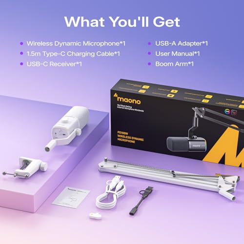 MAONO PD100W Wireless Dynamic Gaming Microphone for PC with USB-C Receiver - color: White