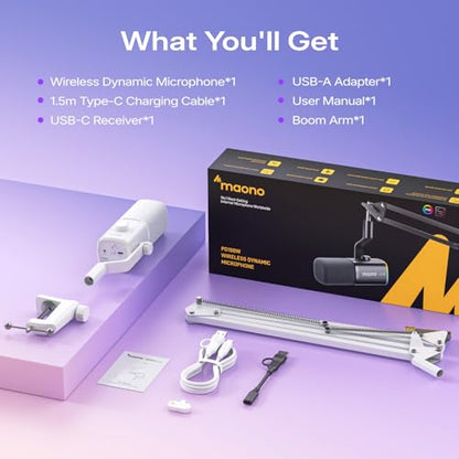 MAONO PD100W Wireless Dynamic Gaming Microphone for PC with USB-C Receiver - color: White