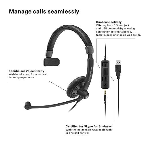 Sennheiser SC 45 USB MS (507083) - Single-Sided Business Headset | For Skype for Business, Mobile Phone, Tablet, Softphone, and PC | HD Sound & Noise-Cancelling Microphone (Black) - style: SC 45 USB MS