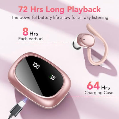 KT1 Bluetooth Headphones Wireless Earbuds 72hrs Playtime Wireless Charging Case Digital Display, Ear Buds with Earhook,IPX7 Waterproof, Deep Bass 2.0,Over-Ear Earphones for Sport Running - color: Rose Gold