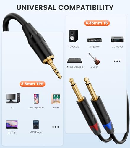 1/8 to 1/4 Stereo Cable 10FT, 3.5mm TRS Mini Jack to Dual 1/4 Inch TS Mono Y-Splitter Male to Male Audio Breakout Cord for Smartphone, CD Player, Speaker, Amplifier - size: 10 feet
