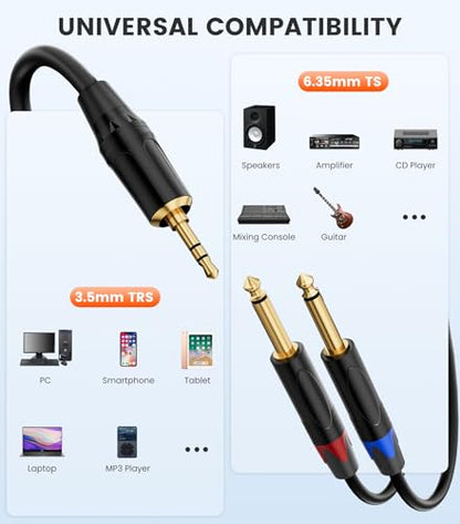 1/8 to 1/4 Stereo Cable 10FT, 3.5mm TRS Mini Jack to Dual 1/4 Inch TS Mono Y-Splitter Male to Male Audio Breakout Cord for Smartphone, CD Player, Speaker, Amplifier - size: 10 feet