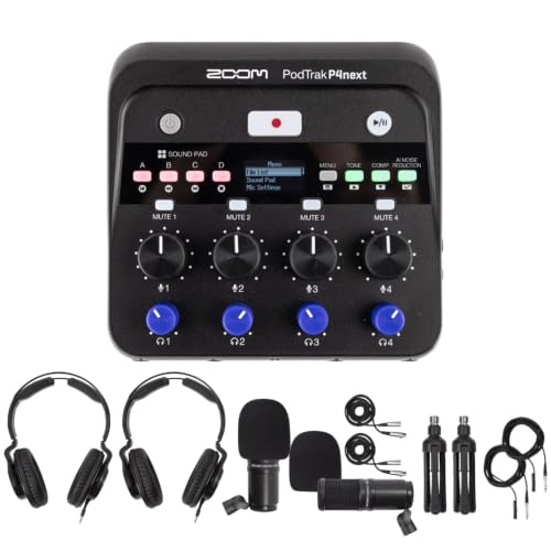 Zoom PodTrak P4 Portable Multitrack Podcast Recorder Bundle | Includes Zoom ZDM-1 Podcast (2 Pack)