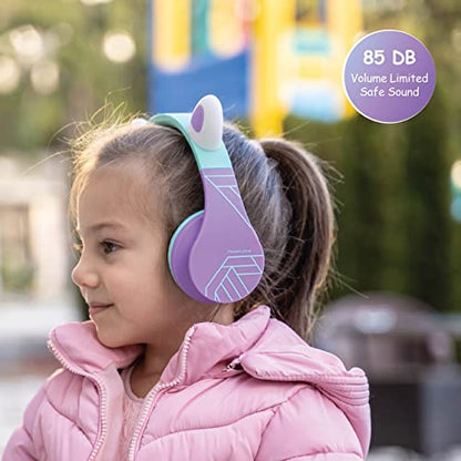 PowerLocus Bluetooth Headphones for Kids, Wireless Foldable Headphones Over Ear, Headphone with Microphone, 85DB Volume Limit, Wireless and Wired Headset with Micro SD, FM for Cellphones, Tablets, PC - color: Teal/Purple Cat Ears