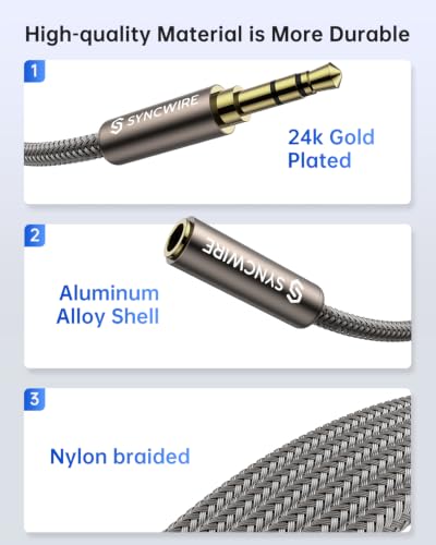 SYNCWIRE Headphone Extension Cable - 6.5FT [Hi-Fi Sound][Gold Plated Jack][TRS] Nylon-Braided 3.5mm Male to Female Audio Extension Cord Compatible with iPhone iPad Tablets Media Players- Dark Gray - size: 6.5 feet