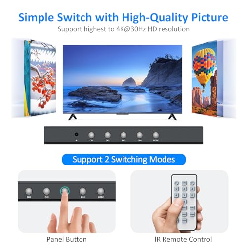4K HDMI Multiviewer 4x1, 4K@30Hz Seamless HDMI Quad Switcher 4 in 1 Out for Security Camera, Gaming Consoles, Single/Quad/Dual/PBP Modes with IR Remote - size: 4K@30Hz 4x1 w/o KVM