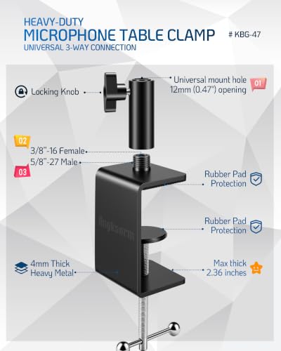 KBG-47 Metal Mic Desk Clamp, 12mm Socket, 5/8-27 and 3/8-16 Threads | Microphone Table Clamp, 12mm Mounting Socket, Dual Thread Connector, Gooseneck and Scissor Arm Desk Base - size: KBG-47 Desk Clamp