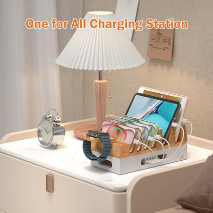 Pezin & Hulin Bamboo Charging Station with 5 Cables-Natural+White - color: Natural + White