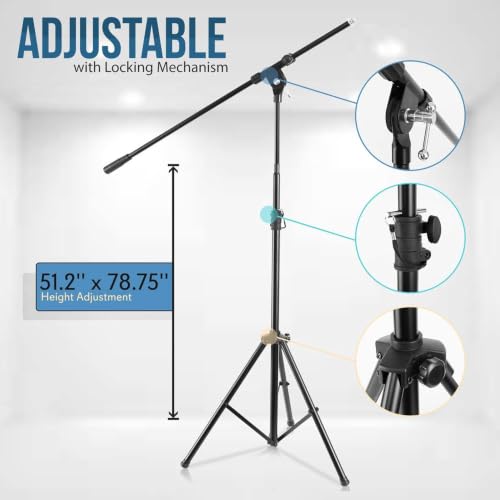Pyle Heavy Duty Microphone Stand-Height Adjustable from 51.2'' to 78.75'' Inch High w/Extendable Telescoping Boom Arm 29.5'' and Stable Tripod Base-Clutch in T-Bar Adjustment Point PMKS56 - size: 1 Pack