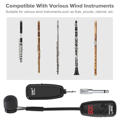 Wireless Microphone,UHF Wind Instrument Clip Microphones for Flute | Rechargeable Receiver and Transmitter Mic System, 130ft Range with Digital Screen, Great for Flute Piccolo Clarinet - color: Black4