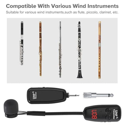 Wireless Microphone,UHF Wind Instrument Clip Microphones for Flute | Rechargeable Receiver and Transmitter Mic System, 130ft Range with Digital Screen, Great for Flute Piccolo Clarinet - color: Black4