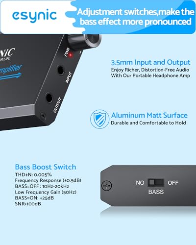 eSynic 16-600Ω Bass Headphone Amp Portable - HiFi 3.5MM Audio Headphone Amplifier Rechargeable with Bass Switch-Aluminum Alloy Case &12H Playtime-0.005% THD for MP3/Phone/PC/Laptop/Car (3.5mm AUX)