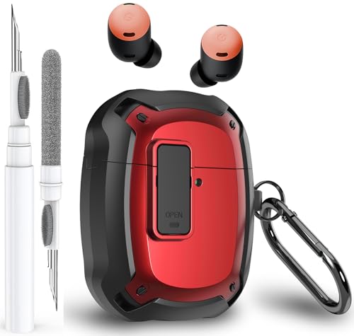 Olytop for Google Pixel Buds Pro 2 / Pro Case Cover with Lock Clip & Cleaner Pen 2024/2022, Shockproof Protective Hard Shell Skin with Carabiner Men Women - Black/Red - color: Black/Red