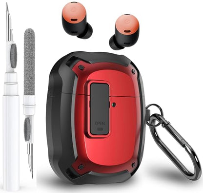 Olytop for Google Pixel Buds Pro 2 / Pro Case Cover with Lock Clip & Cleaner Pen 2024/2022, Shockproof Protective Hard Shell Skin with Carabiner Men Women - Black/Red - color: Black/Red