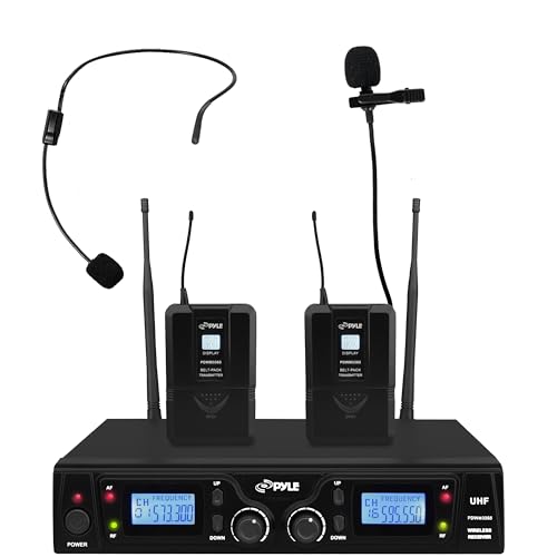 PYLE, Wireless Microphone System, UHF, 16 Channels, Belt Packs, Lavalier Mics, Rack Mountable Receiver, LCD Display, Dual Antennas, Bodypack Transmitters, Headset Microphones, Audio Cable, Case
