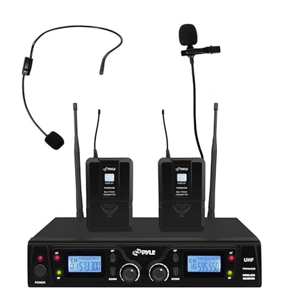 PYLE, Wireless Microphone System, UHF, 16 Channels, Belt Packs, Lavalier Mics, Rack Mountable Receiver, LCD Display, Dual Antennas, Bodypack Transmitters, Headset Microphones, Audio Cable, Case