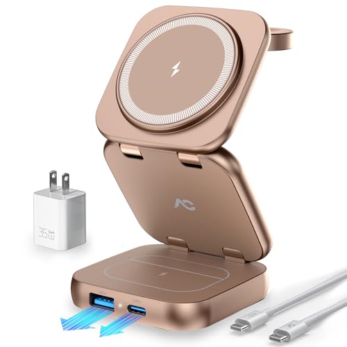 5-in-1 Wireless Charger for MagSafe, AC ISLAND Portable Travel Charging Station, 35W Max Qi2 Fast Foldable Magnetic Stand, Evolved for iPhone 17-12 Series, Apple Watch, AirPods (with 35W Adapter) - color: Gold