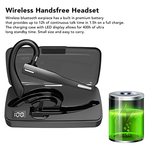 Wireless BT Earpiece, Single Ear Headset with LED Display, Noise Canceling Handsfree Headset, Portable Cordless Headset with Charging Case for Sports