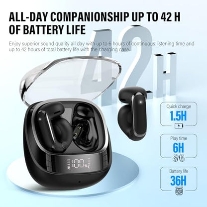 Clip On Ear Buds,Open Ear Headphones,Bluetooth 5.4 HiFi Stereo Clip Earbuds | 42H, LED Display Wireless EarBuds, Comfortable Lightweight, IP7 Waterproof Earphones, Earbud for Workout Running, Black
