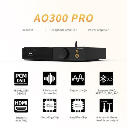 SMSL AO300 PRO Power Amplifier, CS43131 165W DAC Amp, USB/Coax/Opt/RCA to 2.1 Channel Speaker/Subwoofer, 4.4mm/6.35mm Headphone Amp, MQA DAC Amp, Silver - color: Silver