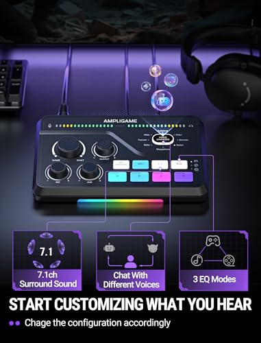 FIFINE SC8 Gaming Audio Mixer for Live Streaming with 7.1ch Surround sound | For PC,RGB,Headphone Preamp,Mute Button,Volume Control,Optical Input,48V Phantom Power,3 EQ Modes,Game Chat Volume Balacnce