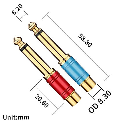 RCA to 1/4 Adapter 4 Pack, 24K Gold Plated 1/4 inch to RCA Female Mono Audio Connecto(Blue*2+Red*2)