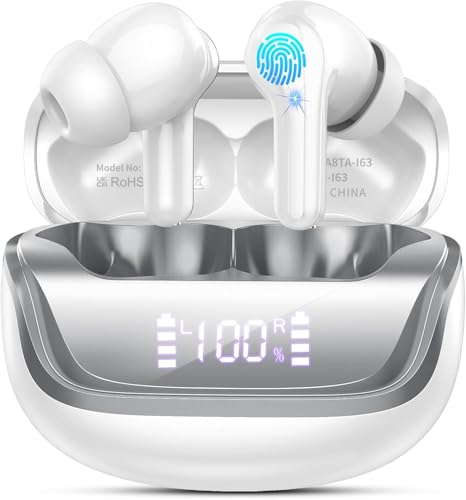 Nerunsa Wireless Earbuds, Bluetooth 5.4 Headphones HiFi Stereo, 50H Playtime in-Ear Headphones with ENC Noise Cancelling Mics, IP7 Waterproof Wireless Headphones, Earbuds with LED Display - color: pure white