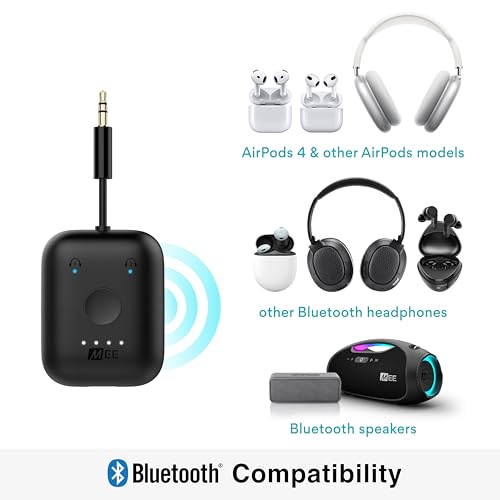 MEE Audio Connect Air in-Flight Bluetooth Wireless Audio Transmitter Adapter for up to 2 AirPods/Other Headphones; Works with All 3.5mm Aux Jacks on Airplanes, Gym Equipment, TVs, & Gaming Consoles - color: Black, style: Connect Air